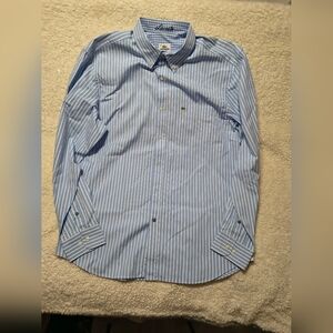 Lacoste Men's Light Blue and White Striped Button-Down Shirt - Size 42R